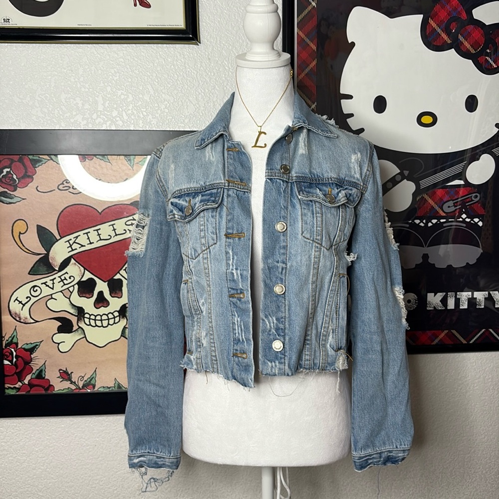 Angel Kiss Light Wash Cropped Distressed Denim Jacket Ripped Frayed Grunge Indie
